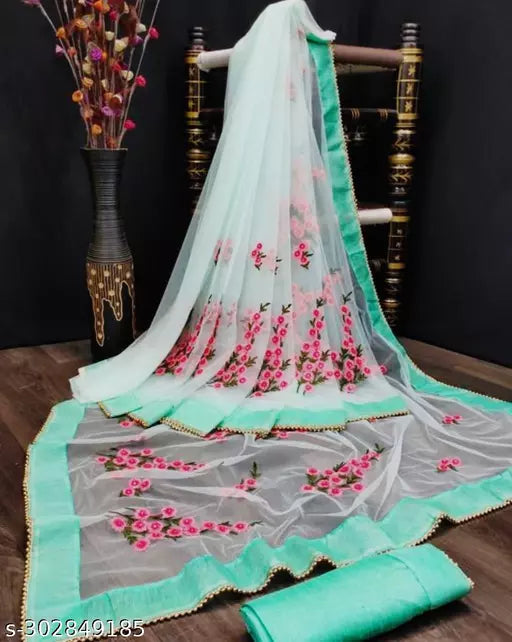 Net sarees with beautifull Embroidered work and unstiched Blouse pieces with all over border fancy moti work Aqua Colours