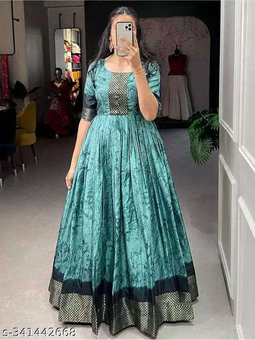QVAZOR Stylish Fancy Trendy Printed Silk Gown For Women For Party Wedding Festival Functions