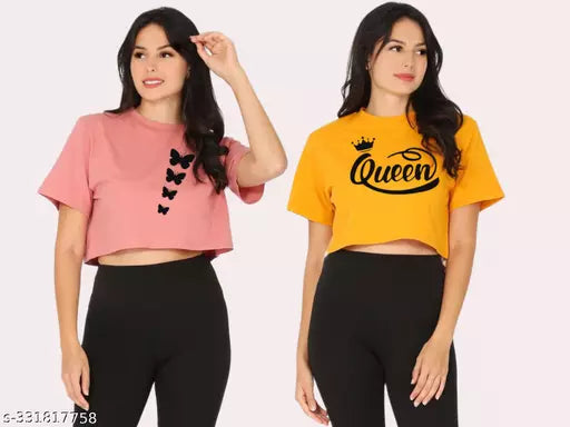 Trendy Feminine Printed Crop Tshirt Round Neck Top For Womens(Pack Of 2)