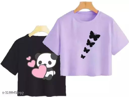 Trendy Feminine Printed Crop Tshirt Round Neck Top For Womens (Combo2)