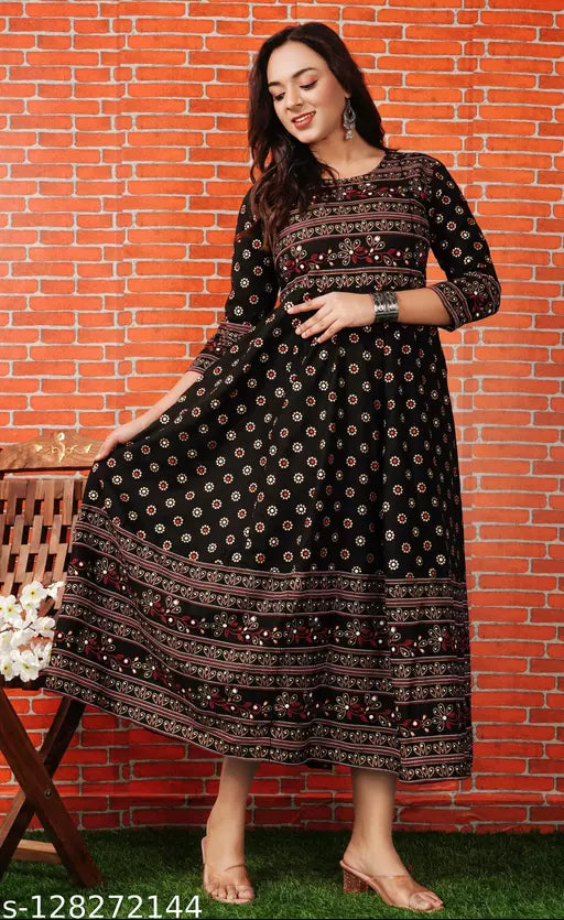 Stylish Rayon Printed Black women Kurtis