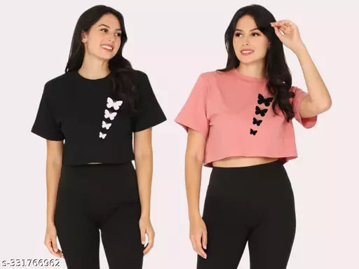 Trendy Feminine Printed Crop Tshirt Round Neck Top For Womens(Pack Of 2)