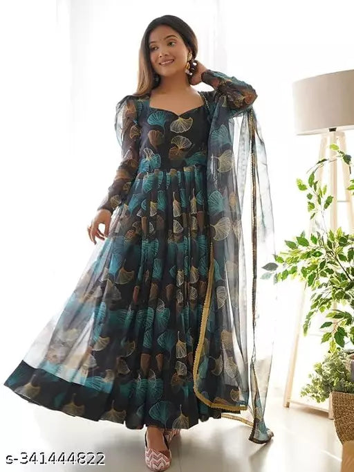 QVAZOR Stylish Fancy Trendy Printed Georgette Gown For Women For Party Wedding Festival Functions