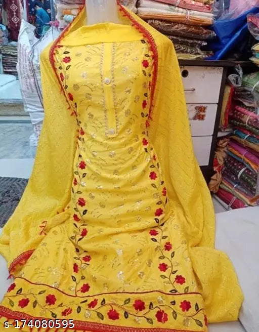 Women's Yellow Floral Embroidered Chanderi Cotton Suits & Dress Materials
