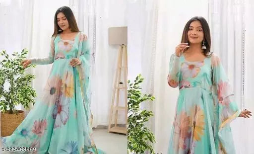 PRINTED ORGANZA LONG GOWN WITH DUPATTA