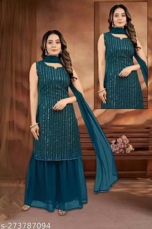 Women Faux Georgette With Embrodery Seqance Work Kurta With Sharara And Dupatta Stiched