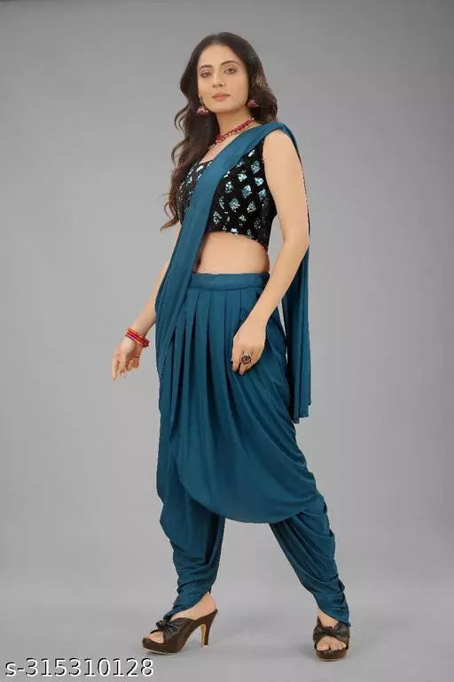 Ready To Wear Lycra Dhoti Style Fancy Party Wear Sarees Mor Piech Colour Sarees with sequance blouse BY Kraddle