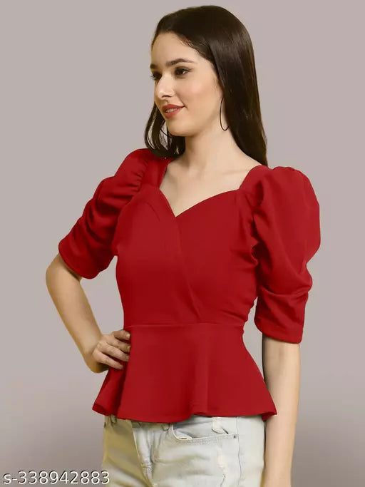 Sweetheart Neck Puff Sleeves Peplum Top (Women Top | Women Tops | Top)