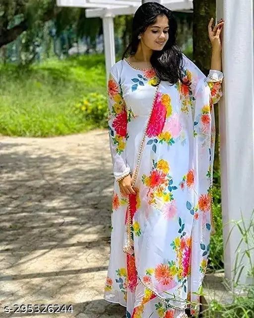 QVAZOR Stylish Fancy Trendy Printed Georgette Gown For Women For Party Wedding Festival Functions
