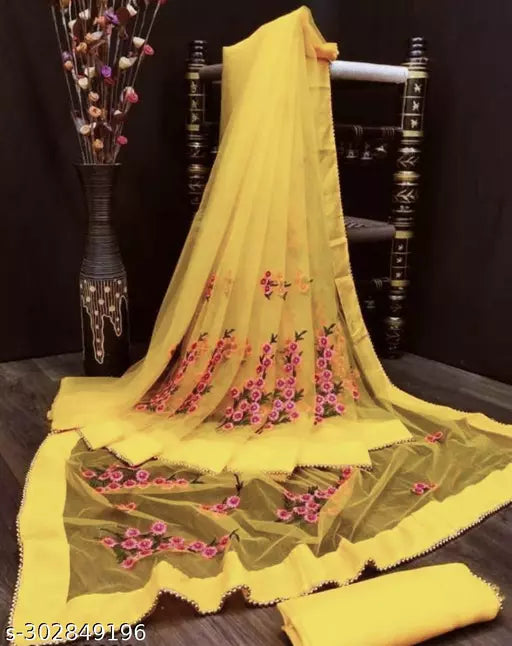 Net sarees with beautifull Embroidered work and unstiched Blouse pieces with all over border fancy moti work Lemon Yellow Colours