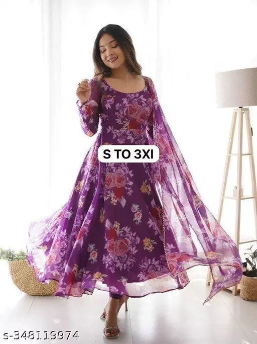 Printed Flower Women Georgette Anarkali Gown With Dupatta