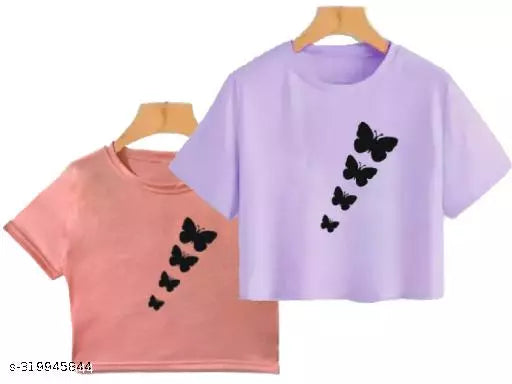 Trendy Feminine Printed Crop Tshirt Round Neck Top For Womens (Combo2)