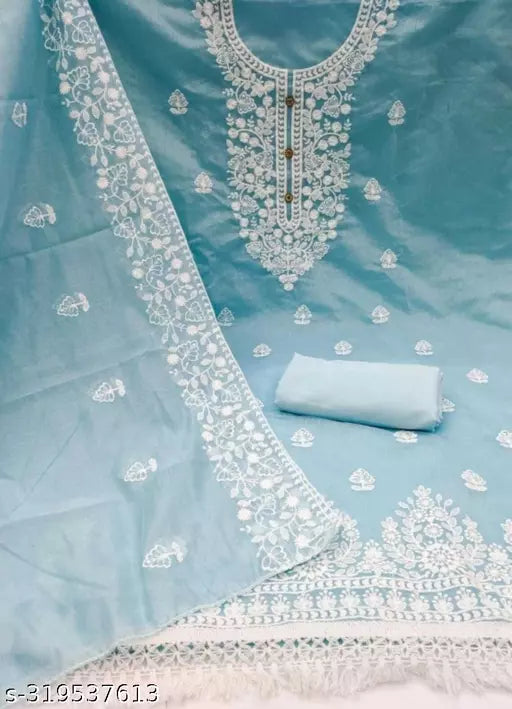 Women's Heavy Cotton Embroidery Work Unstitched Salwar Suit Dress Material With Chanderi Work Dupatta