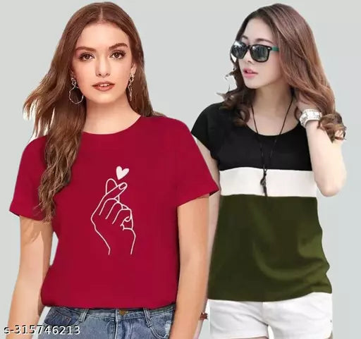 Winning Line Women Color Block Printed Half Sleeve Designer Party wear Top for women and Girls (combo of 2)