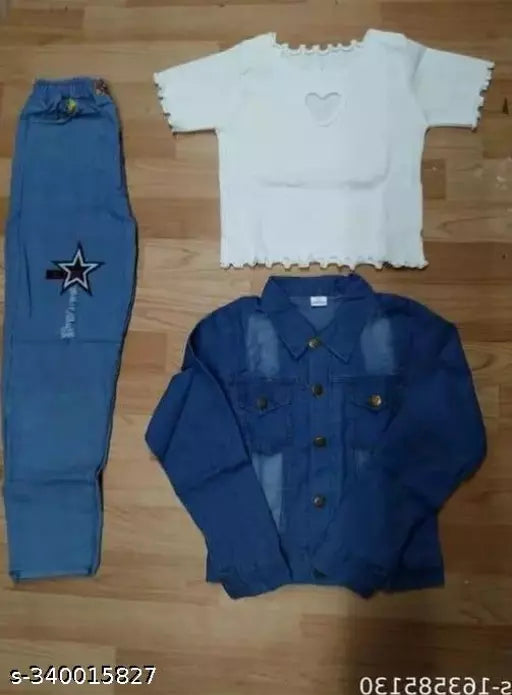 JKP COLLECTIONSSTYLISH 3 PCE COMBO WHITE HEART + Dark BLUE JAKAET  Dark BLUE JOGGER BEAUTIFUL  Top Lenth 17 Bottom 37  Jacket 20 Bottom Fabric Denim  Top Cotton Lycra