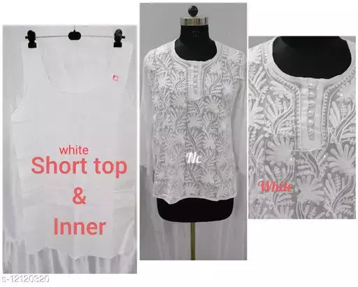 Women's Chikankari Aari Work Sequence Short Top White Georgette With inner.