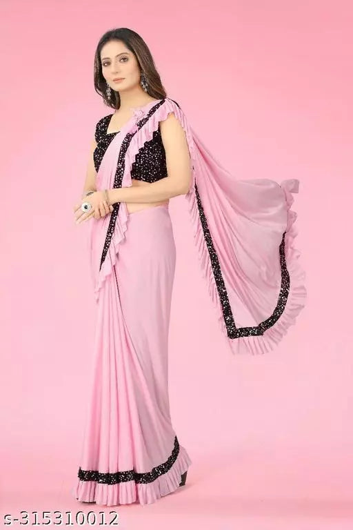 Ready To Wear Lycra Freel Fancy Party Wear Sarees Pink Colour Sarees with sequance blouse BY Kraddle