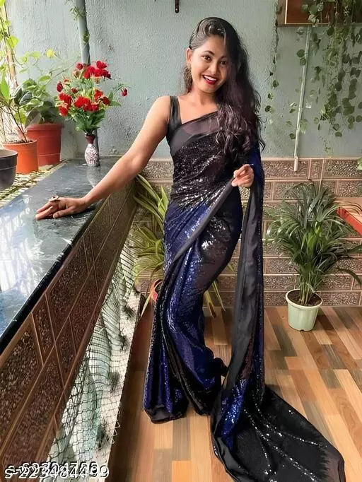 NEW LAUNCHING SUPER HIT ROYAL BLUE DESIGNER SEQUANCE Georgette  SAREES BY KRADDLE