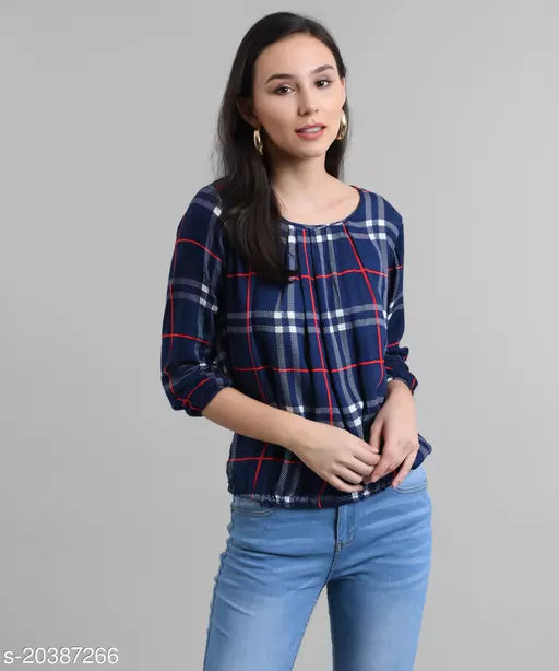 Vivient Women Nevy Base Red Line Check Printed Ballon Top
