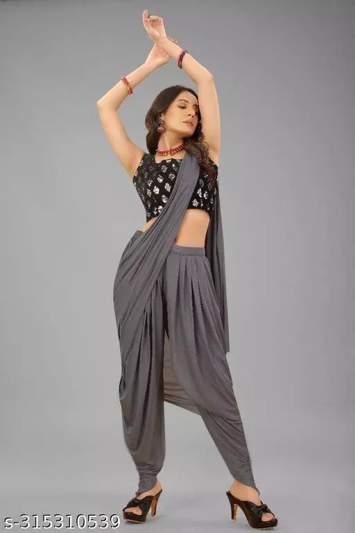 Ready To Wear Lycra Dhoti Style Fancy Party Wear Sarees Grey Colour Sarees with sequance blouse BY Kraddle