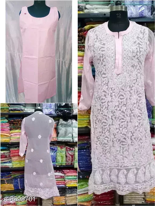 Handwork Embroidere Chiffon Front jall Long  kurti & with inner.