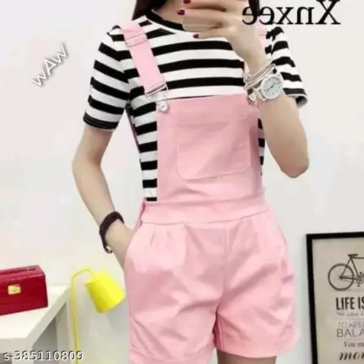 Women s & Girls Romper Korean Style Dangree With T-Shirt Fabric Cotton Color Pink