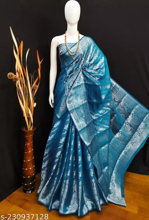 Morpich Fashion Aqua Blue Banarasi Silk Silver Zari Saree