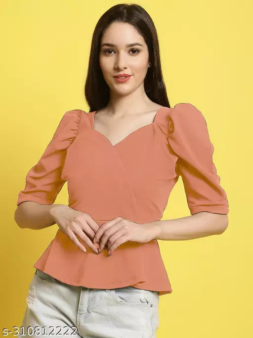 Sweetheart Neck Puff Sleeves Peplum Top (Women Top | Women Tops | Top)