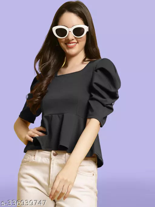 Women Square Neck Puff Sleeves Peplum Top (Women Top | Women Tops | Top)