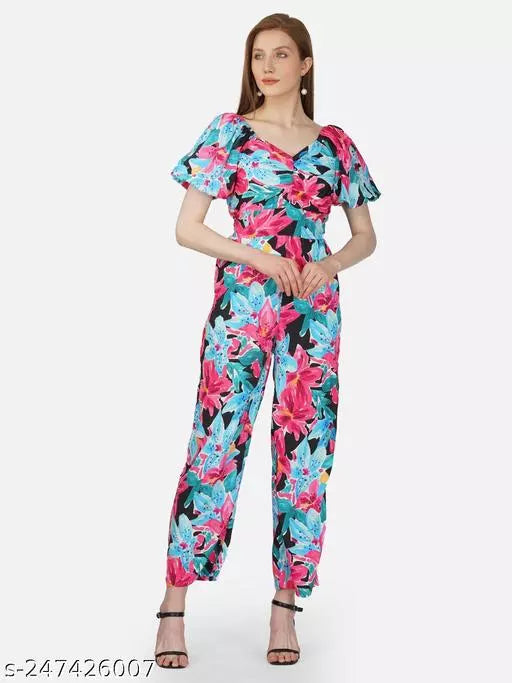 Women Floral Printed  Half Sleeves V- Neck Long  Waist Belted Jumpsuit For Women