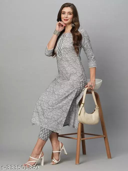 Anni Designer Women's Grey Cotton Blend Straight Printed Kurta With Trousers