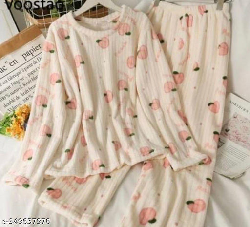 Women Winter sleepwear woolen cream printed