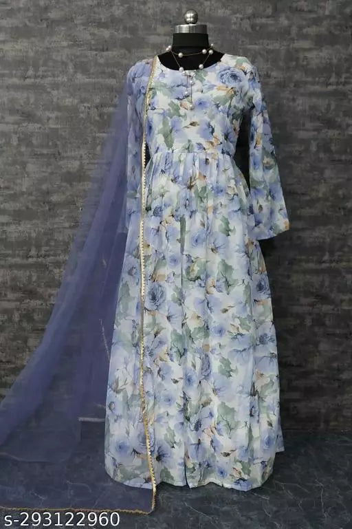 QVAZOR Stylish Fancy Trendy Printed Georgette Gown For Women For Party Wedding Festival Functions