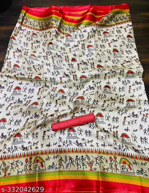 WARLI PRINTED KHADI SILK BLENDED LIGHT WEIGHT COMFERTABLE WEAR DESIGNER SAREE WITH BLOUSE