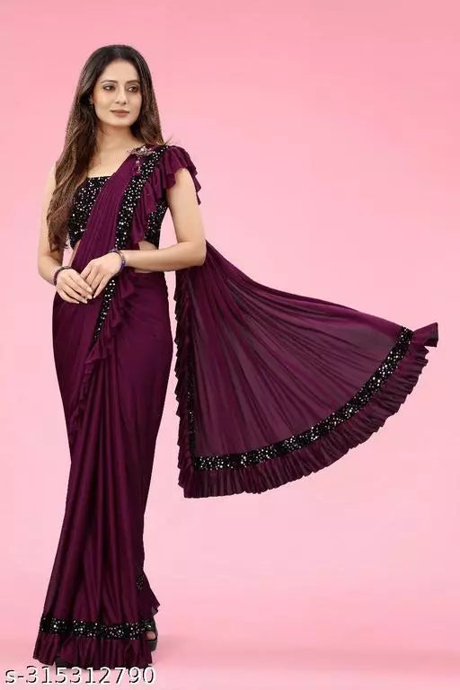 Ready To Wear Lycra Freel Fancy Party Wear Sarees Purple Colour Sarees with sequance blouse BY Kraddle