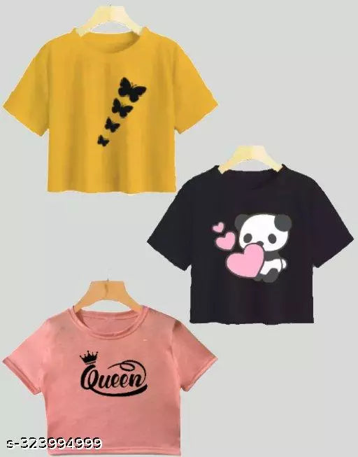 Trendy Feminine Printed Crop Tshirt Round Neck Top For Womens (Combo 3)