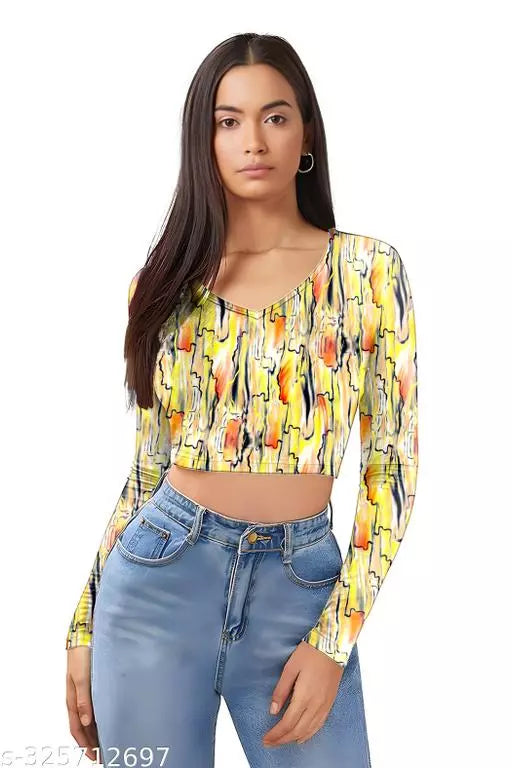 Western Printed V_ Neck Crop Top