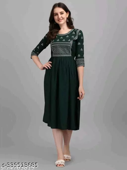 Stylish Women's Green Rayon Embroidered Kurta: Perfect Ladies Dress Design