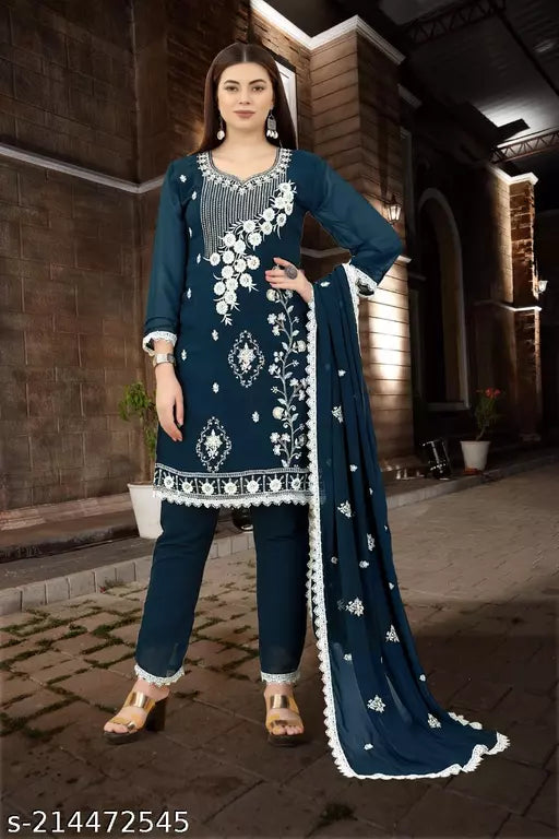 Women's Faux Georget Embroidery Work Unstiched Top Bottom and dupatta