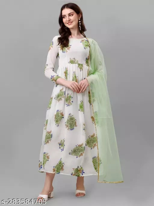 QVAZOR Stylish Fancy Trendy Printed Georgette Gown For Women For Party Wedding Festival Functions