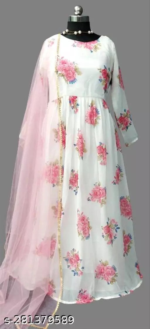 QVAZOR Stylish Fancy Trendy Printed Georgette Gown For Women For Party Wedding Festival Functions