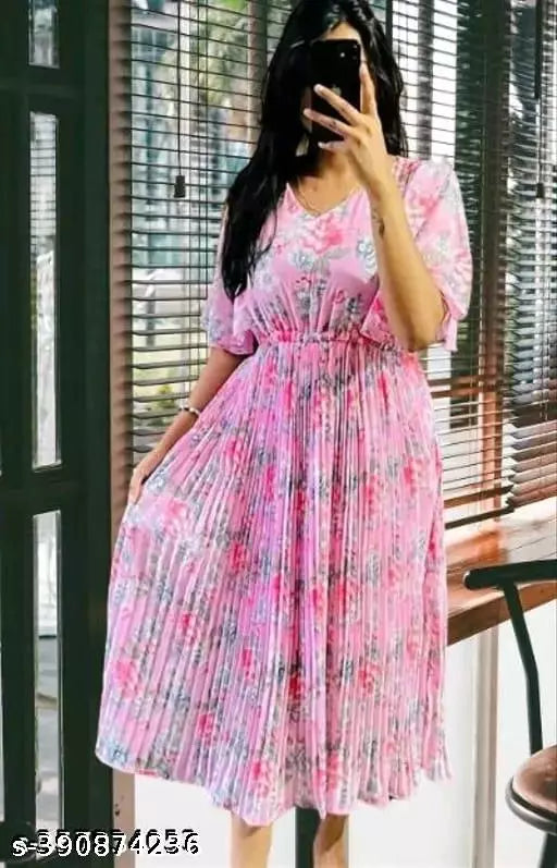 JKP COLLECTION Women & Girl Georgette Fabric  Pattern Floral Printed  Fit & Flared  V Neck  Short Sleeve Dresses In Colour Pink