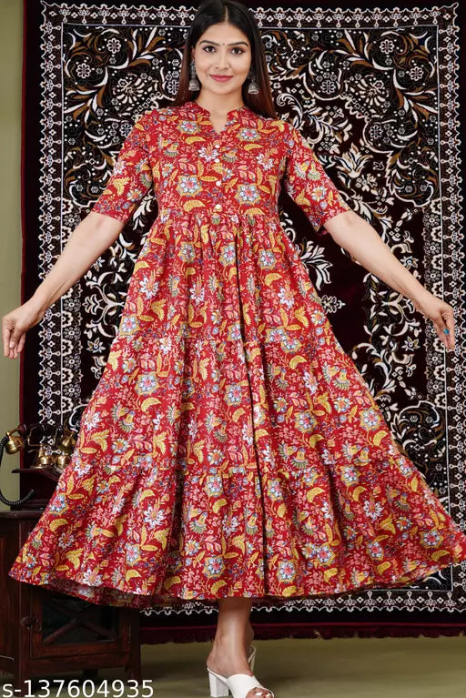 Shree Ganesh fashion's Rayon Anarkali Printed Blue Gold Gold  Kurti for women