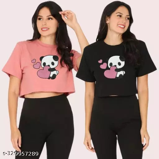 VK TOPS Trendy Feminine Printed Crop Tshirt Round Neck Top For Womens (Pack of 2)