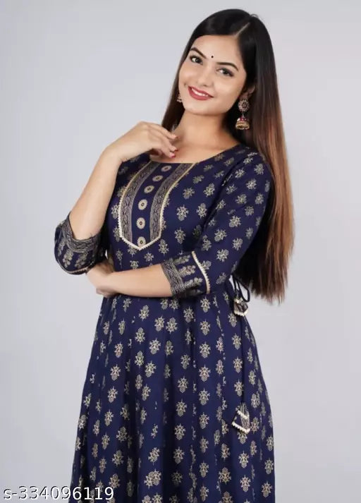 N. Gold Printed Blue Gown