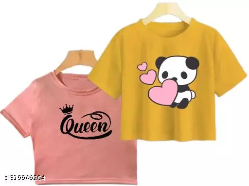 Trendy Feminine Printed Crop Tshirt Round Neck Top For Womens (Combo2)