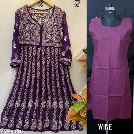 Handwork Chikankari  Chiffon Anarkali kurti With Inner.
