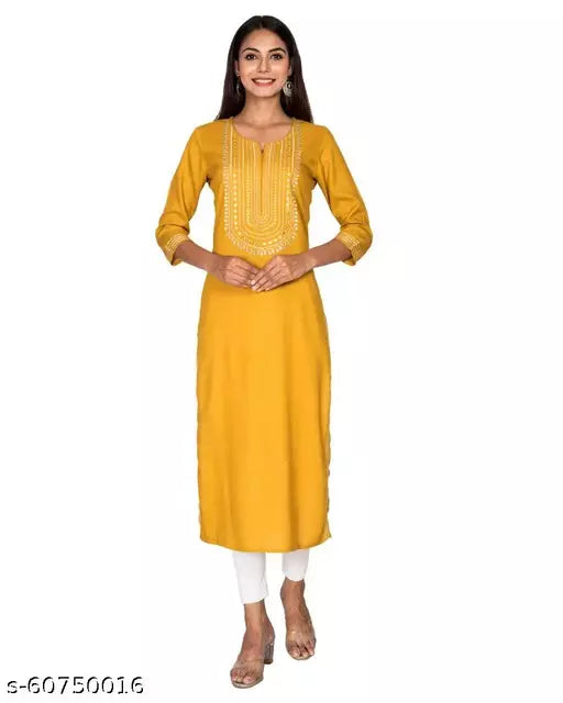 Swasti  Women Embroidered Rayon Straight Kurta  Yellow