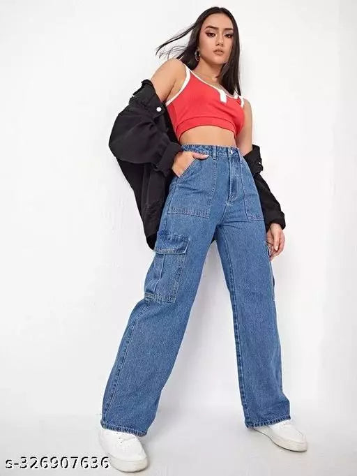WOMEN LATEST CARGO TROUSERS | SOLID HIGH-RISE CARGO JEANS | 6 POCKET WIDE LEG DENIMS | 80'S ROCKER-CHIC INSPIRED CARGO PANTS | SIT ABOVE | NON-STRETCH FIT WITH A WIDE LEG | SPORTY LOOK LOOSE FIT DENIMS
