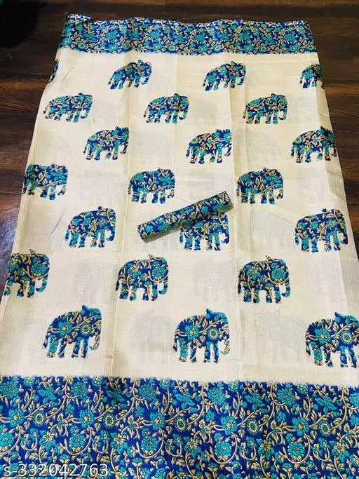ELEPHANT PRINTED KHADI SILK BLENDED LIGHT WEIGHT COMFERTABLE WEAR SAREE WITH BLOUSE